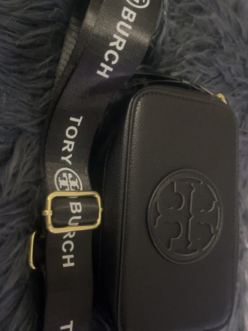 Tory Burch Black Leather Logo Crossbody Bag with Branded Strap